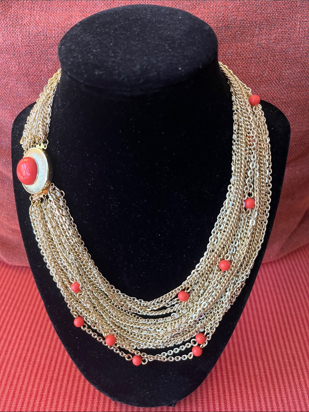 Vintage Gold Multi-Strand Necklace with Coral Beads
